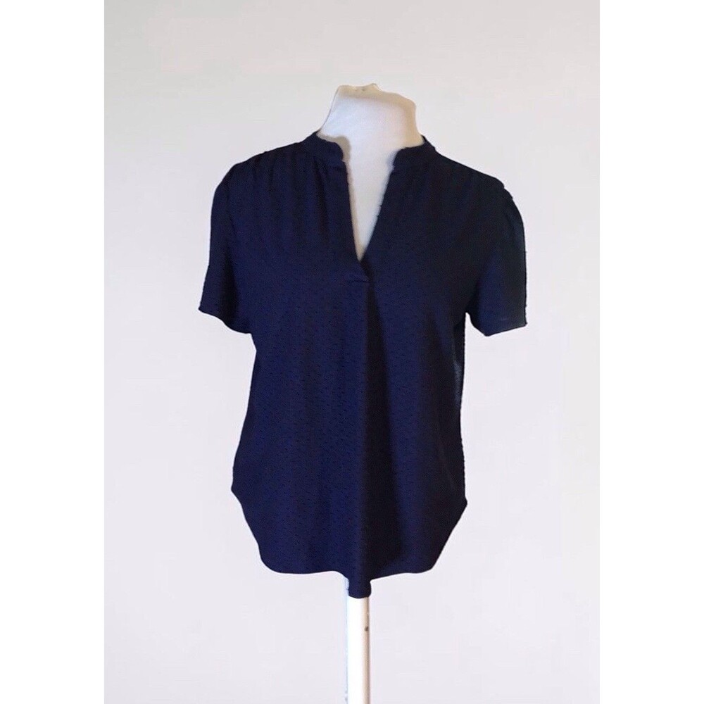 W5 Short  Sleeve Split-Neck Top, Textured, Size L, Navy, Whimsygoth